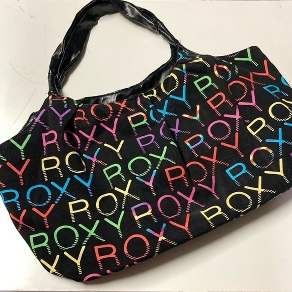 Roxy logo multicolored tote beach bag black